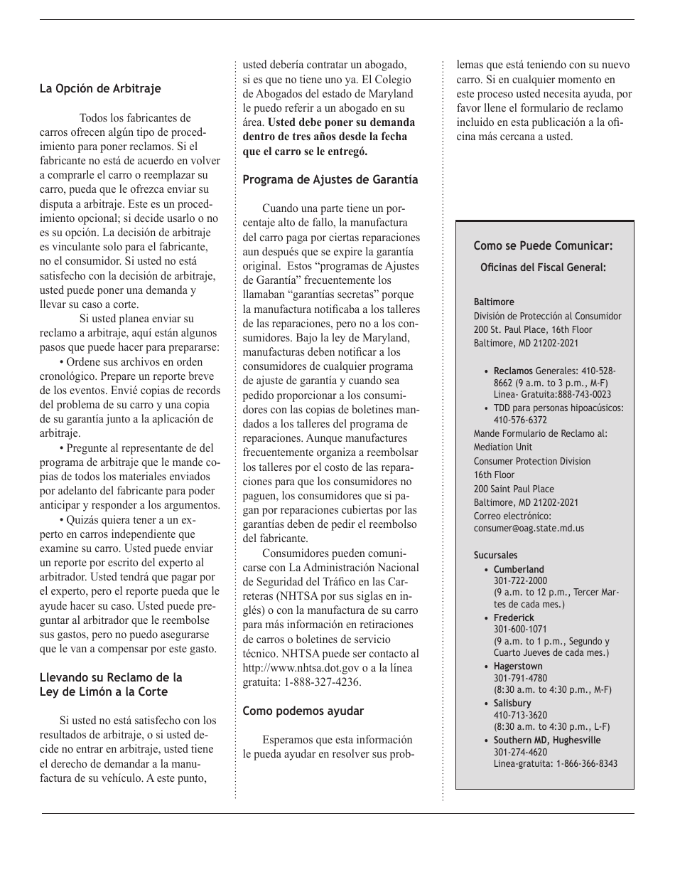 Forma De Reclamo De Garantia De Vehiculo Nuevos - Maryland (Spanish), Page 8