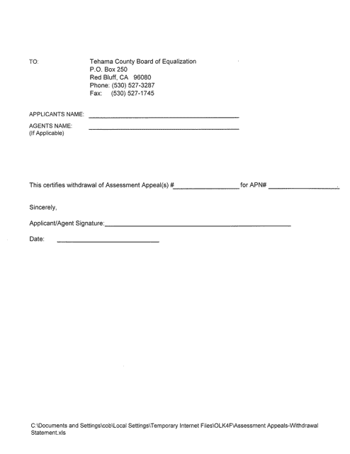 Assessment Appeal Withdrawal Form - Tehama County, California Download Pdf