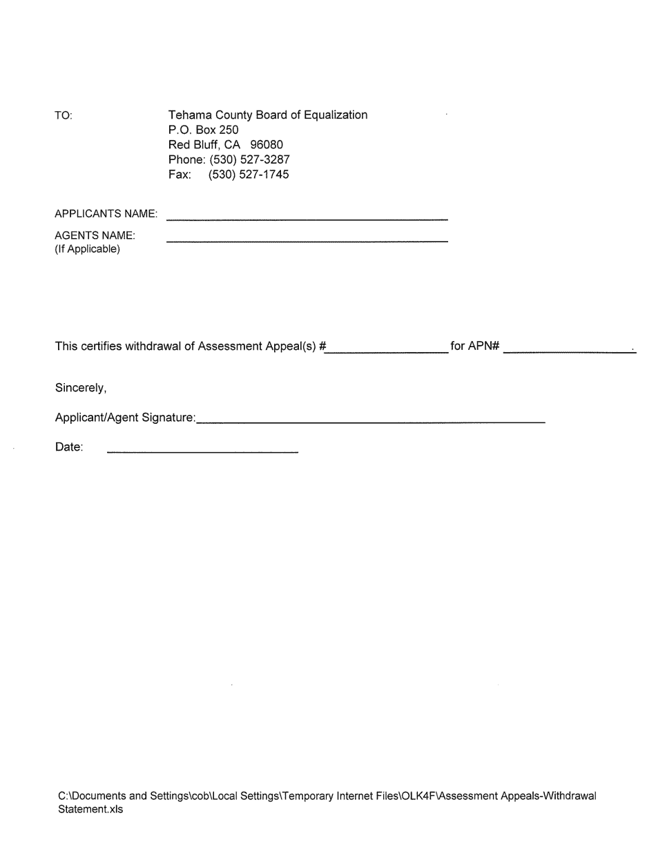 Assessment Appeal Withdrawal Form - Tehama County, California, Page 1
