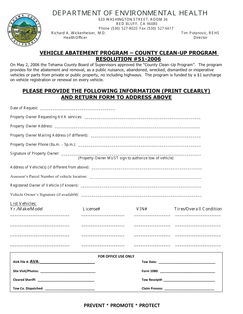 Tehama County, California Abandon Vehicle Abatement Request Form Fill Out, Sign Online and