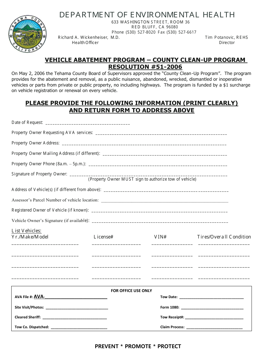 Abandon Vehicle Abatement Request Form - Tehama County, California, Page 1