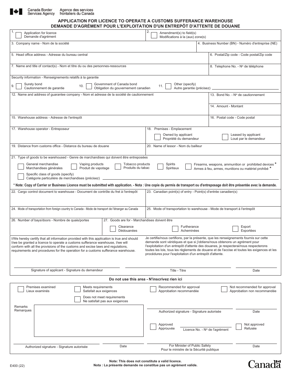 Form E400 Application for Licence to Operate a Customs Sufferance Warehouse - Canada (English / French), Page 1