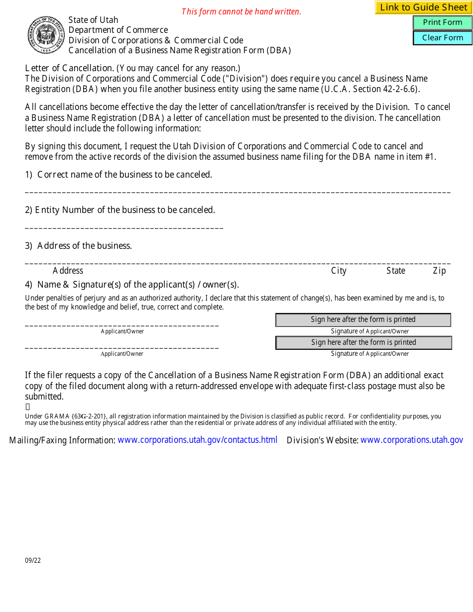 Cancellation of a Business Name Registration Form (Dba) - Utah, Page 1