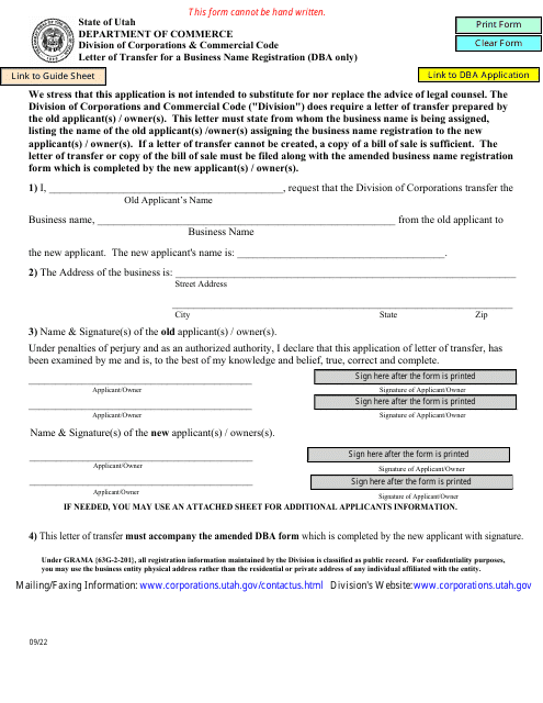 Letter of Transfer for a Business Name Registration (Dba Only) - Utah Download Pdf