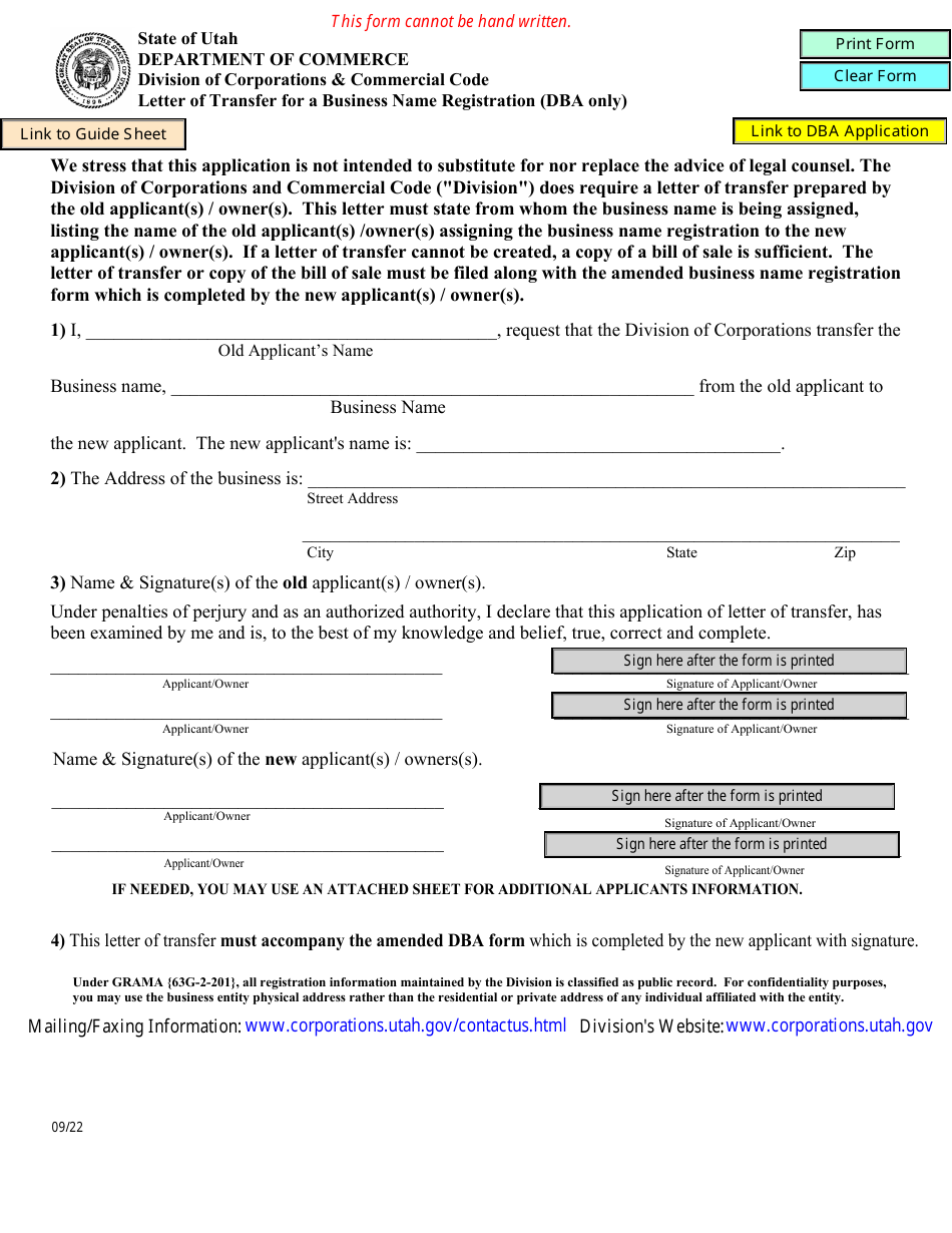 Letter of Transfer for a Business Name Registration (Dba Only) - Utah, Page 1