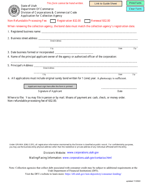 Application for Collection Agency - Utah Download Pdf