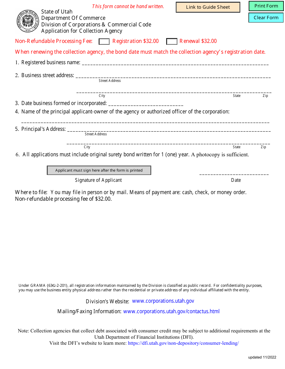 Application for Collection Agency - Utah, Page 1
