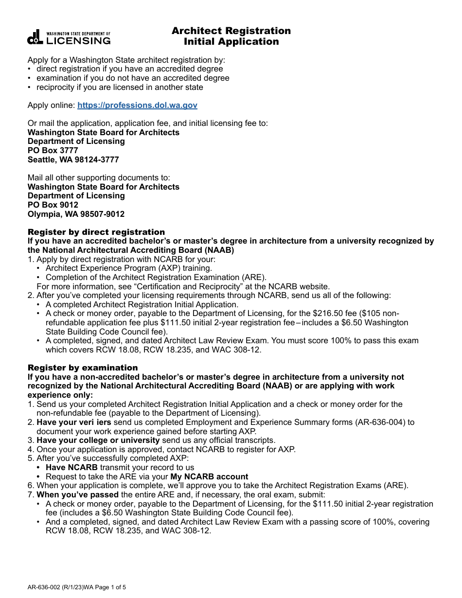 Form AR-636-002 Architect Registration Initial Application - Washington, Page 1