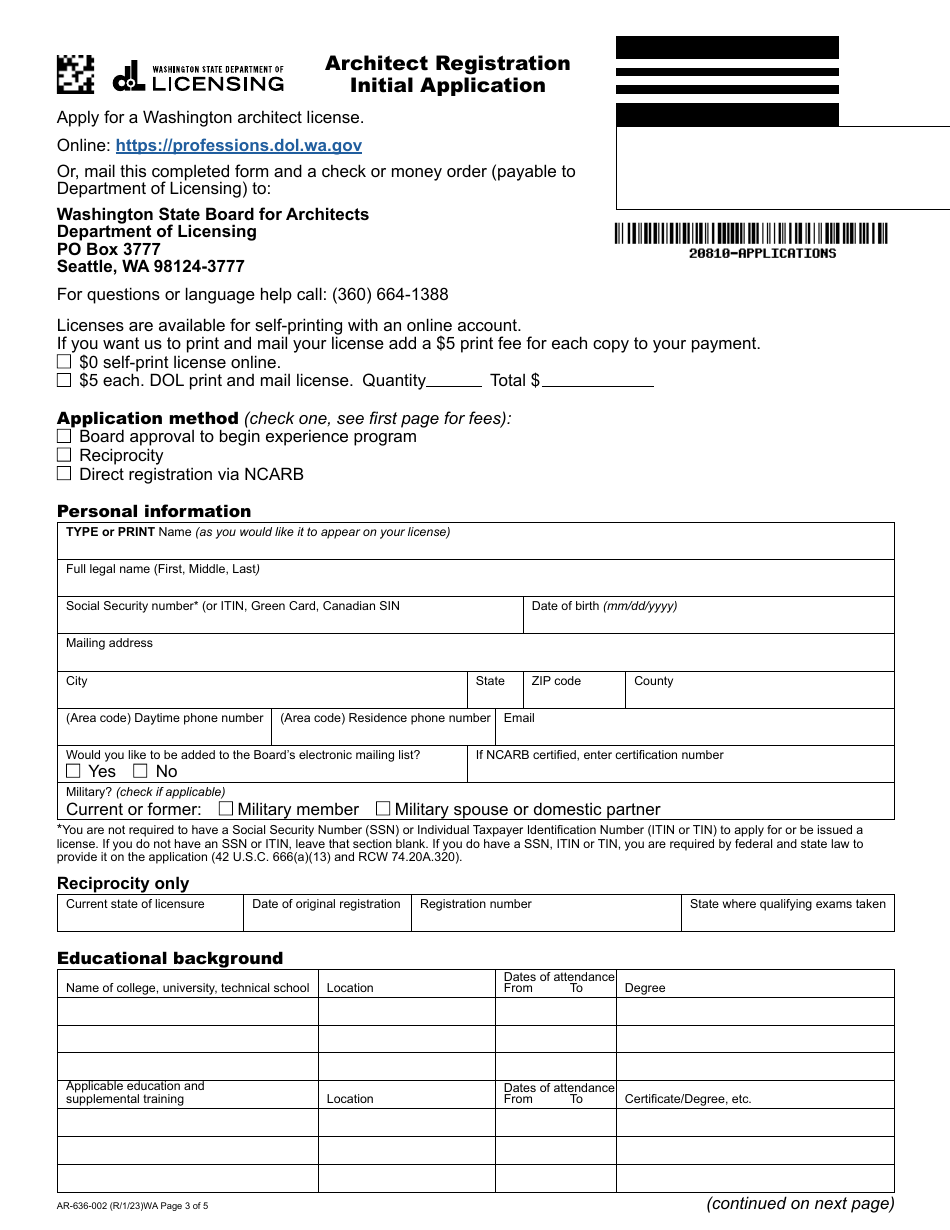 Form AR-636-002 Architect Registration Initial Application - Washington, Page 3