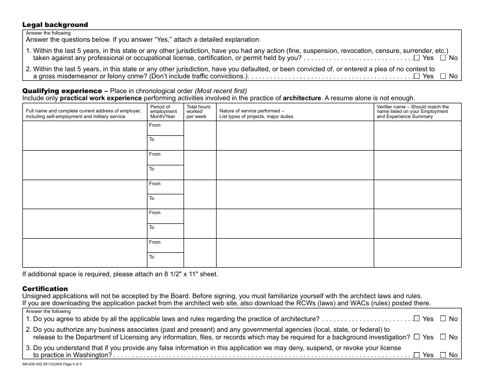 Form AR-636-002 Architect Registration Initial Application - Washington, Page 4