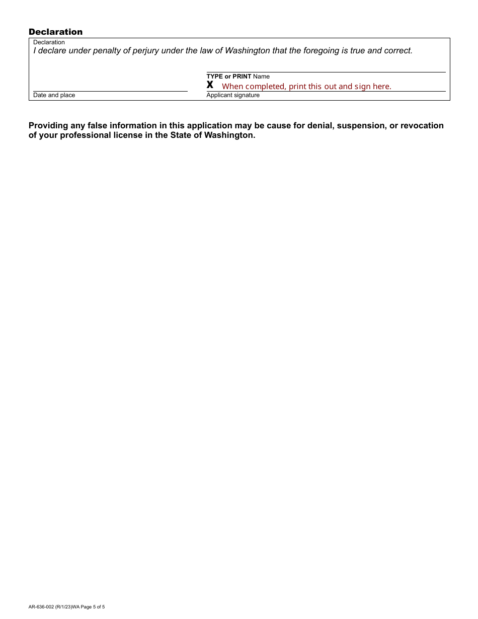 Form AR-636-002 Architect Registration Initial Application - Washington, Page 5