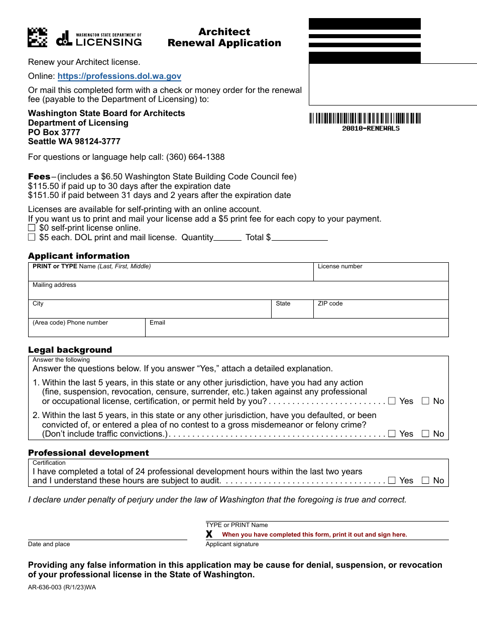 Form AR-636-003 Architect Renewal Application - Washington, Page 1
