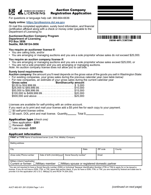 Form AUCT-682-001 Auction Company Registration Application - Washington