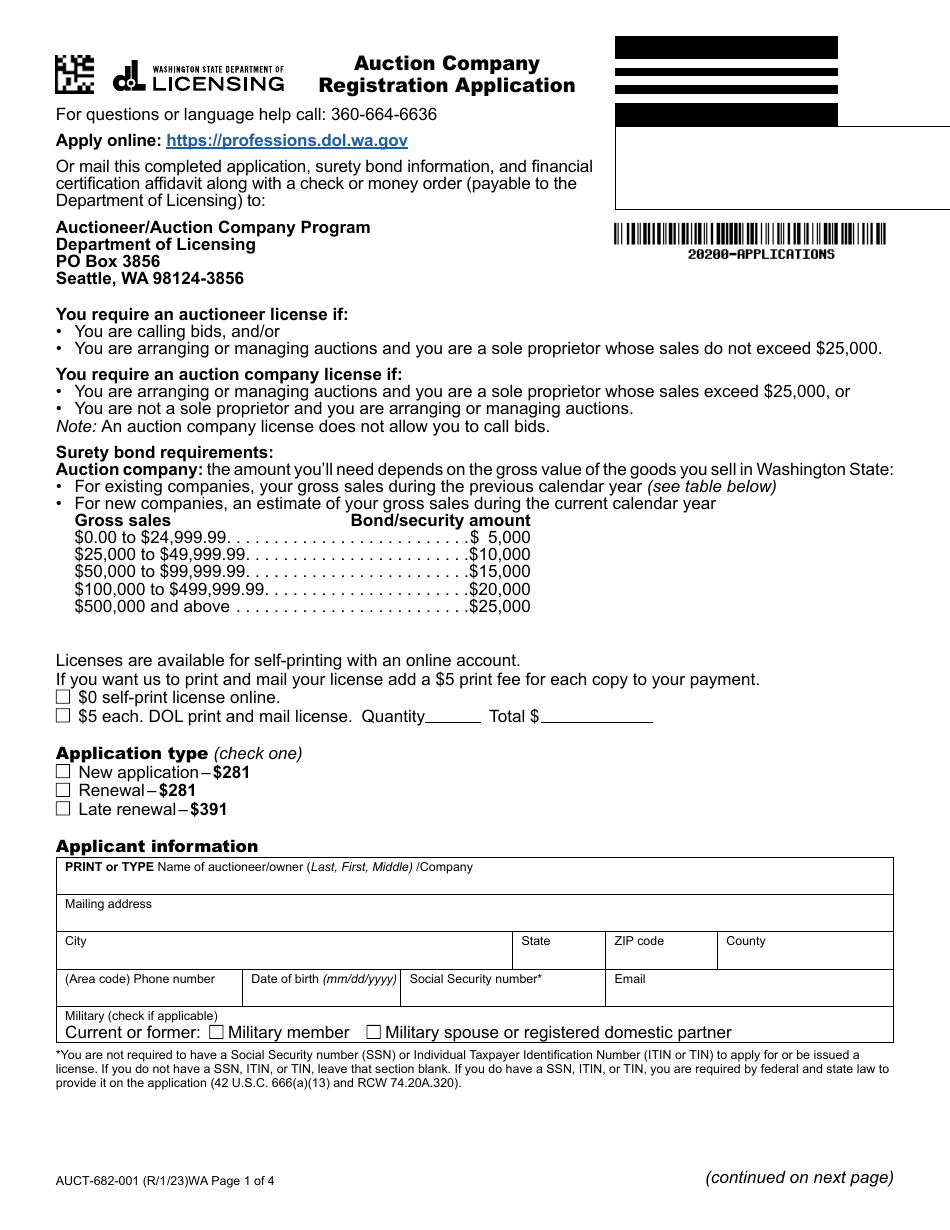 Form AUCT-682-001 Auction Company Registration Application - Washington, Page 1