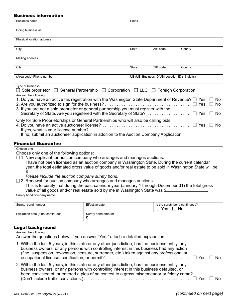 Form AUCT-682-001 Auction Company Registration Application - Washington, Page 2