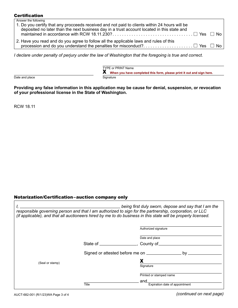 Form AUCT-682-001 Auction Company Registration Application - Washington, Page 3