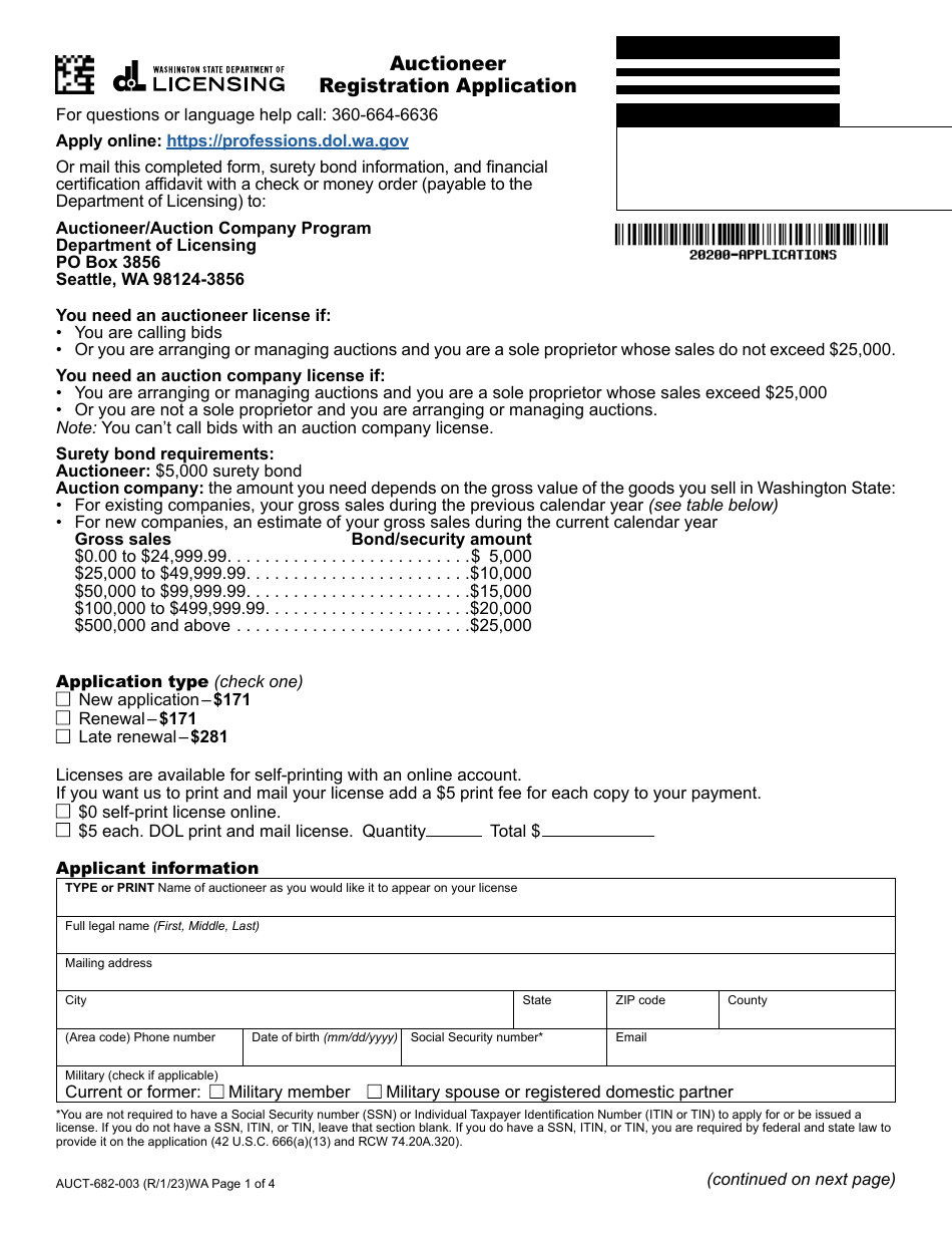 Form AUCT-682-003 Auctioneer Registration Application - Washington, Page 1