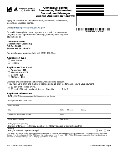 Form PA-611-008 Combative Sports Announcer, Matchmaker, Second, and Manager License Application/Renewal - Washington