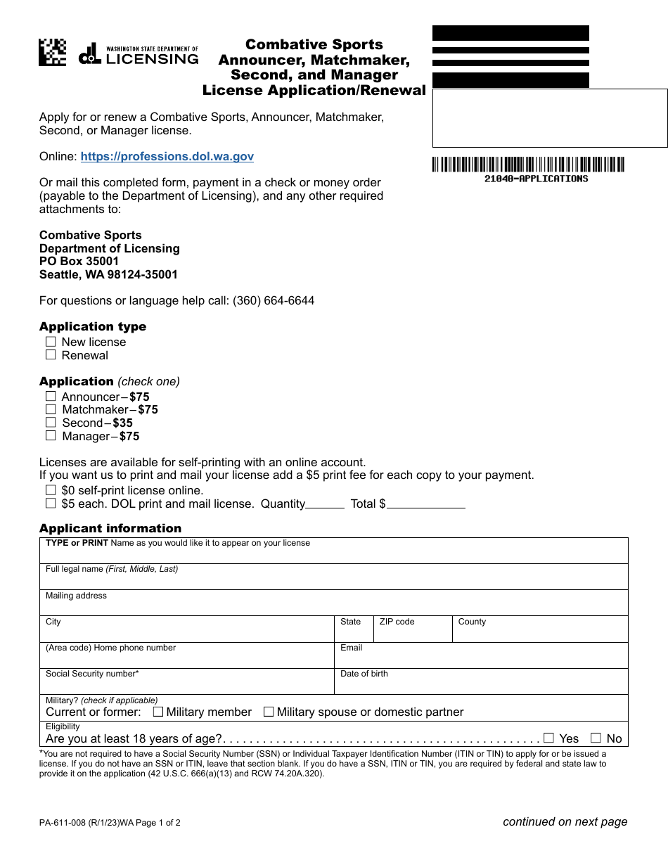 Form PA-611-008 Combative Sports Announcer, Matchmaker, Second, and Manager License Application / Renewal - Washington, Page 1