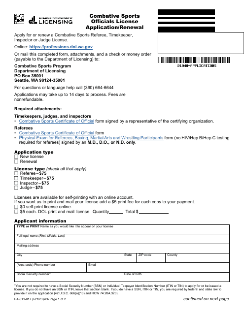 Form PA-611-017 Combative Sports Officials License Application/Renewal - Washington
