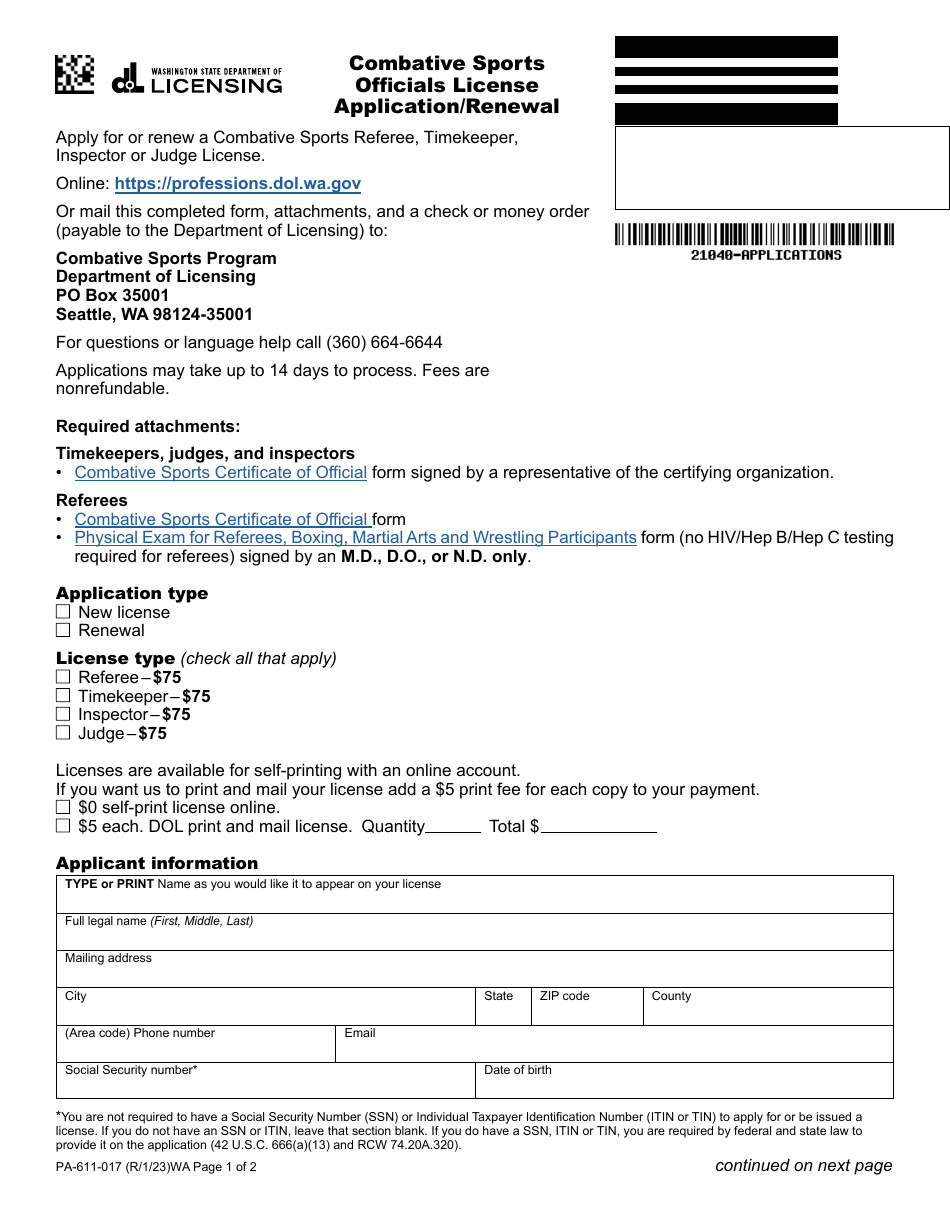 Form PA-611-017 Combative Sports Officials License Application / Renewal - Washington, Page 1