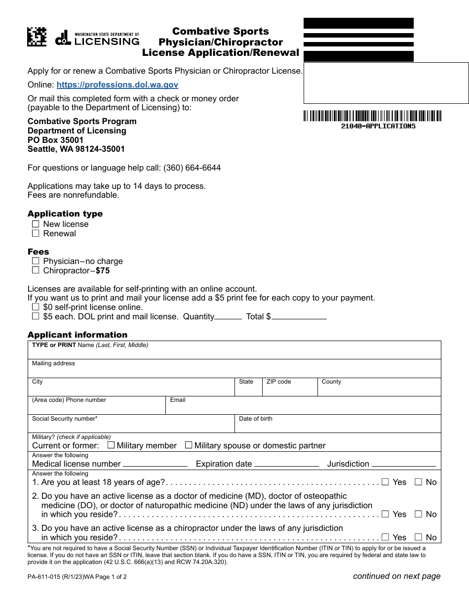 Form PA-611-015 Combative Sports Physician / Chiropractor License Application / Renewal - Washington, Page 1
