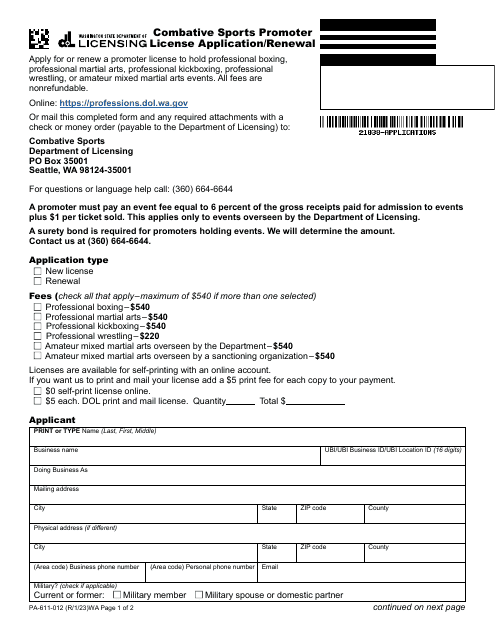 Form PA-611-012 Combative Sports Promoter License Application/Renewal - Washington