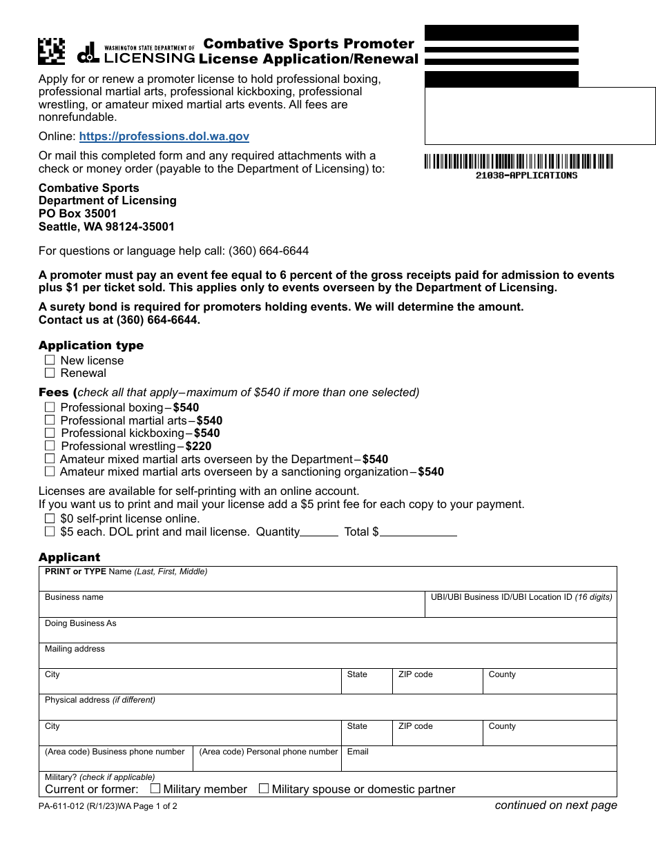 Form PA-611-012 Combative Sports Promoter License Application / Renewal - Washington, Page 1