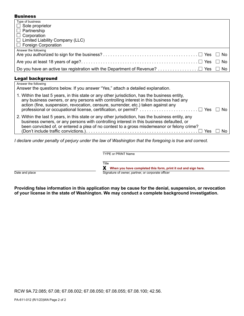 Form PA-611-012 Combative Sports Promoter License Application / Renewal - Washington, Page 2