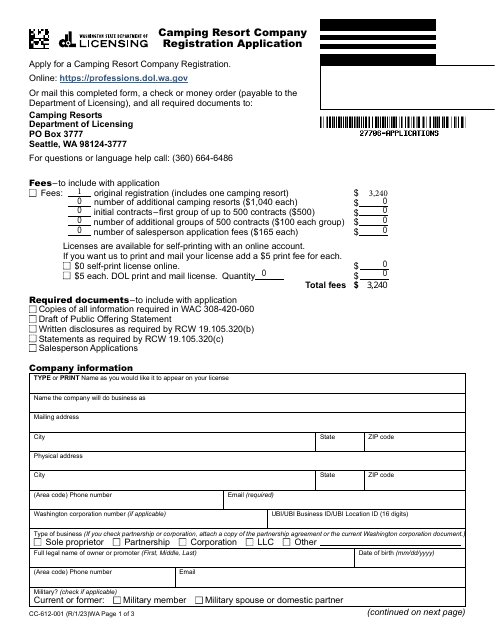 Form CC-612-001 Camping Resort Company Registration Application - Washington