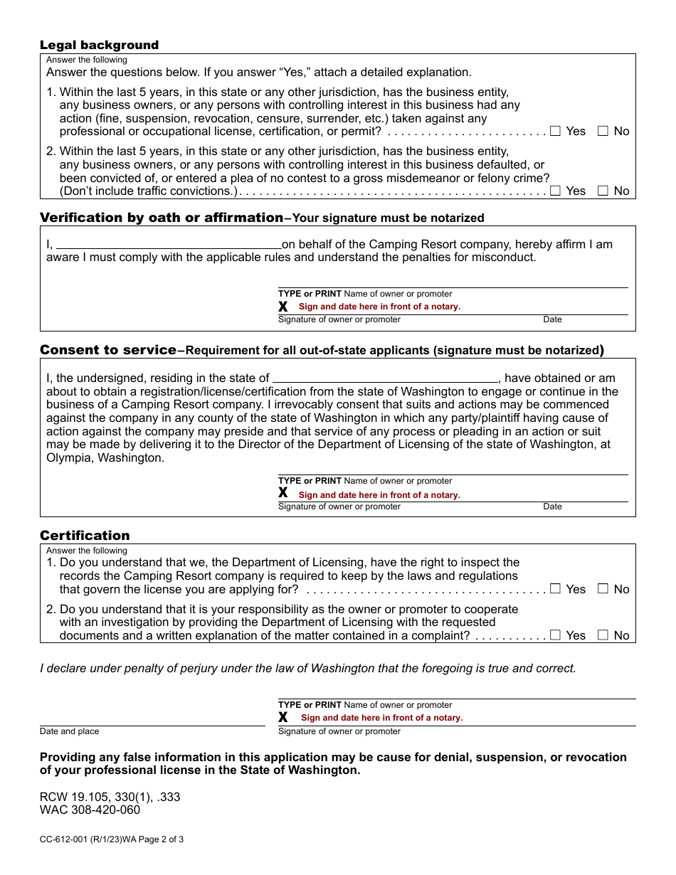 Form CC-612-001 Camping Resort Company Registration Application - Washington, Page 2