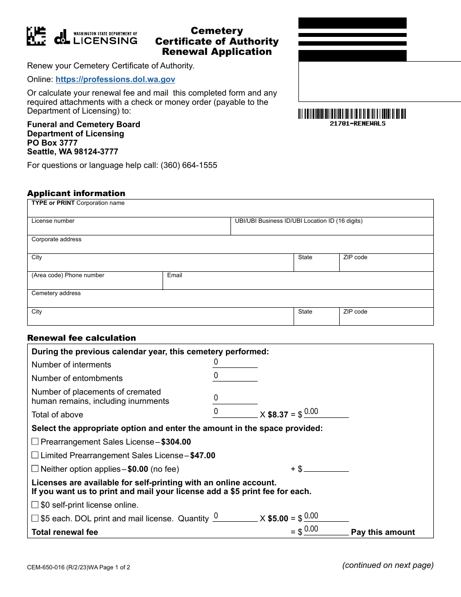 Form CEM-650-016 Cemetery Certificate of Authority Renewal Application - Washington, Page 1