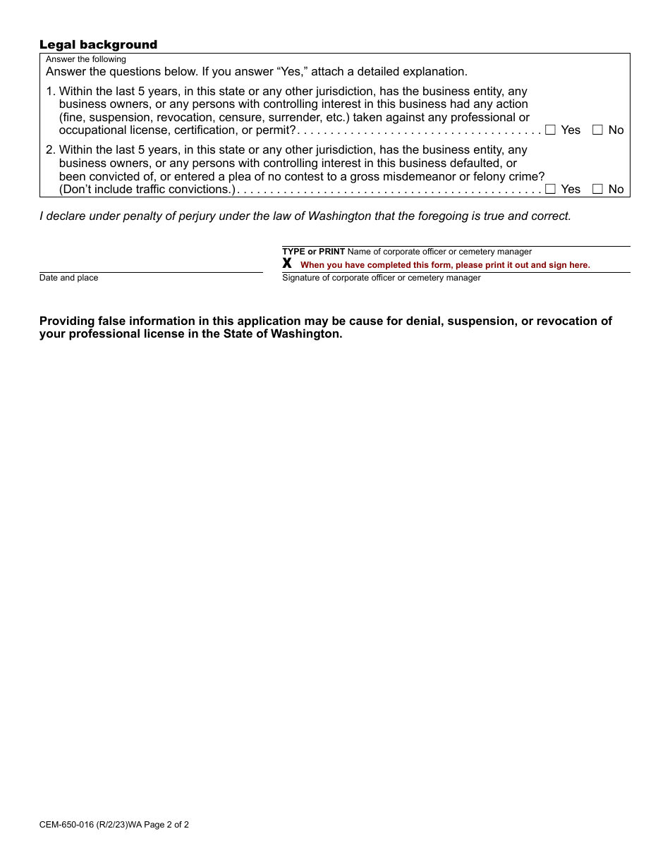Form CEM-650-016 Cemetery Certificate of Authority Renewal Application - Washington, Page 2