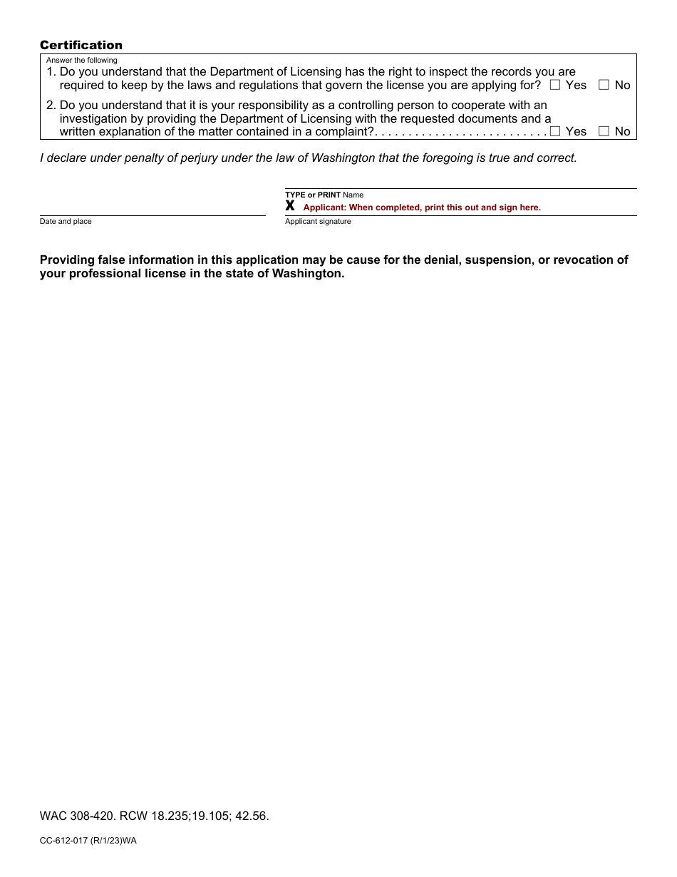 Form CC-612-017 Camping Resort Salesperson Registration Application - Washington, Page 2
