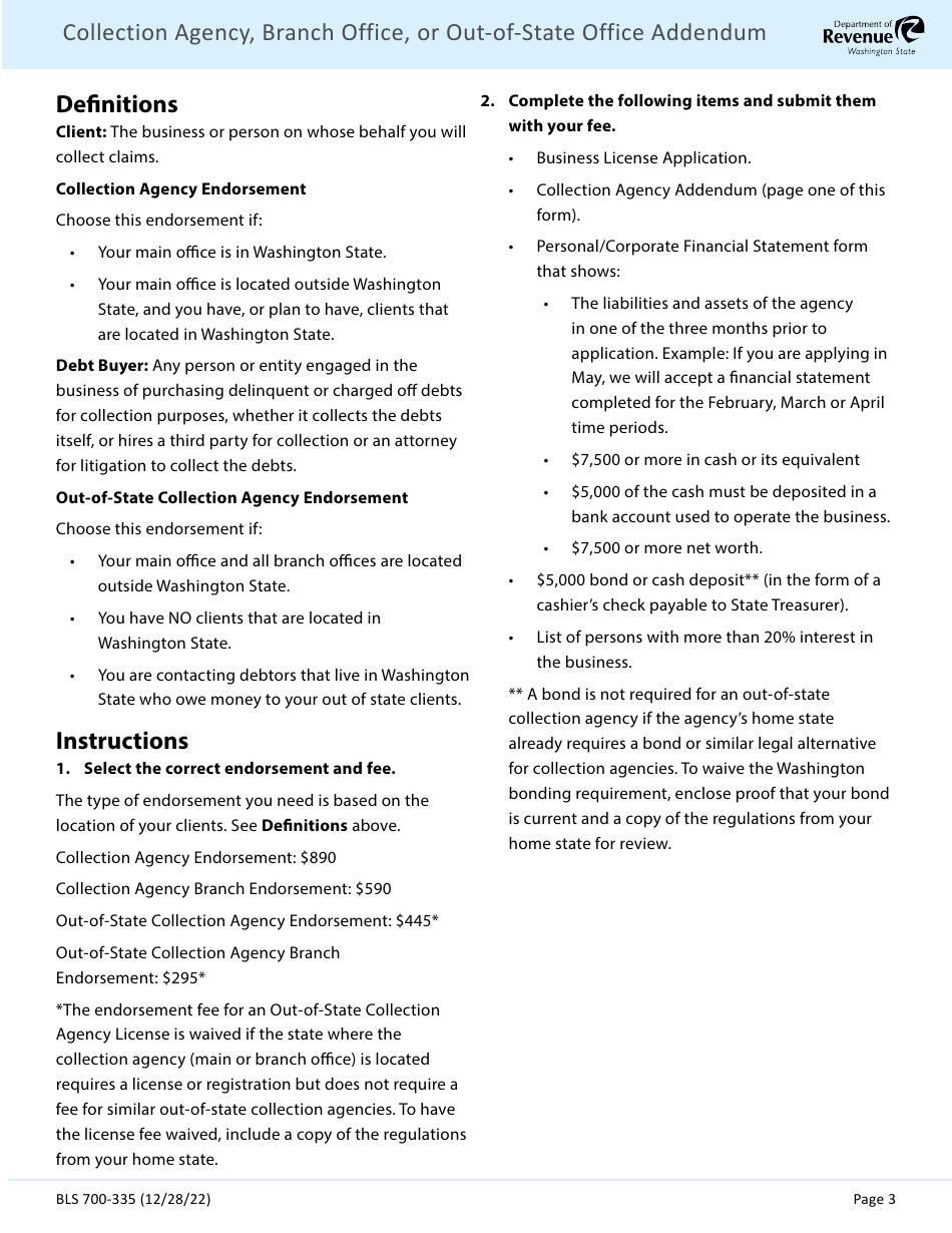 Form BLS700 335 Collection Agency, Branch Office, or Out-of-State Office Addendum - Washington, Page 3