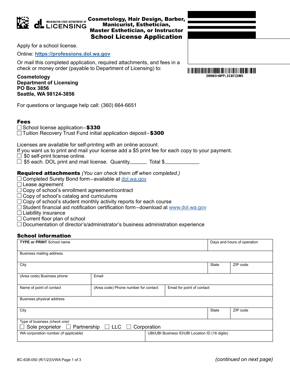 Form BC-638-050 Cosmetology, Hair Design, Barber, Manicurist, Esthetician, Master Esthetician, or Instructor School License Application - Washington, Page 1