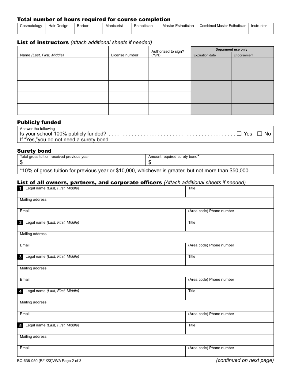 Form BC-638-050 Cosmetology, Hair Design, Barber, Manicurist, Esthetician, Master Esthetician, or Instructor School License Application - Washington, Page 2