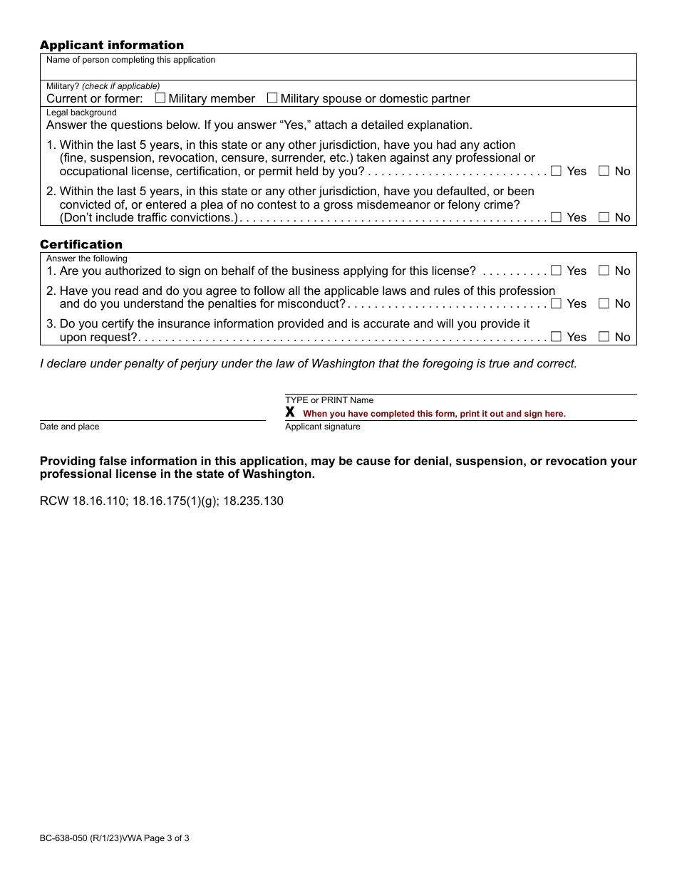 Form BC-638-050 Cosmetology, Hair Design, Barber, Manicurist, Esthetician, Master Esthetician, or Instructor School License Application - Washington, Page 3
