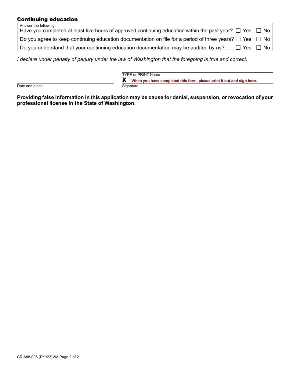 Form CR-688-006 Court Reporter Certification Renewal Application - Washington, Page 2