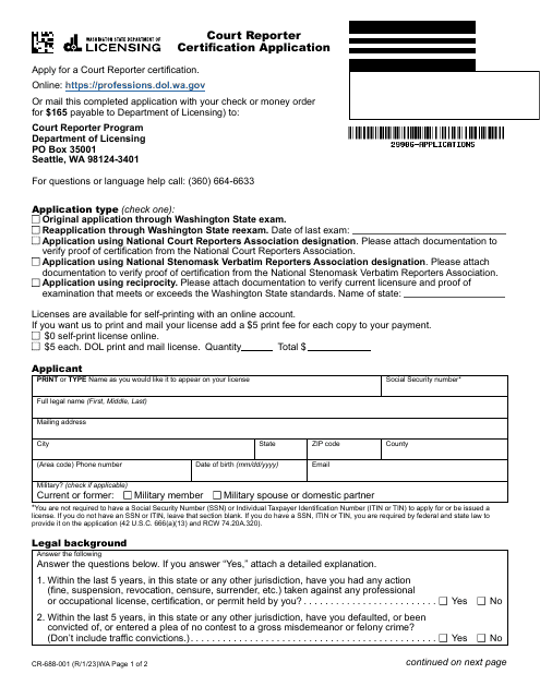 Form CR-688-001 Court Reporter Certification Application - Washington