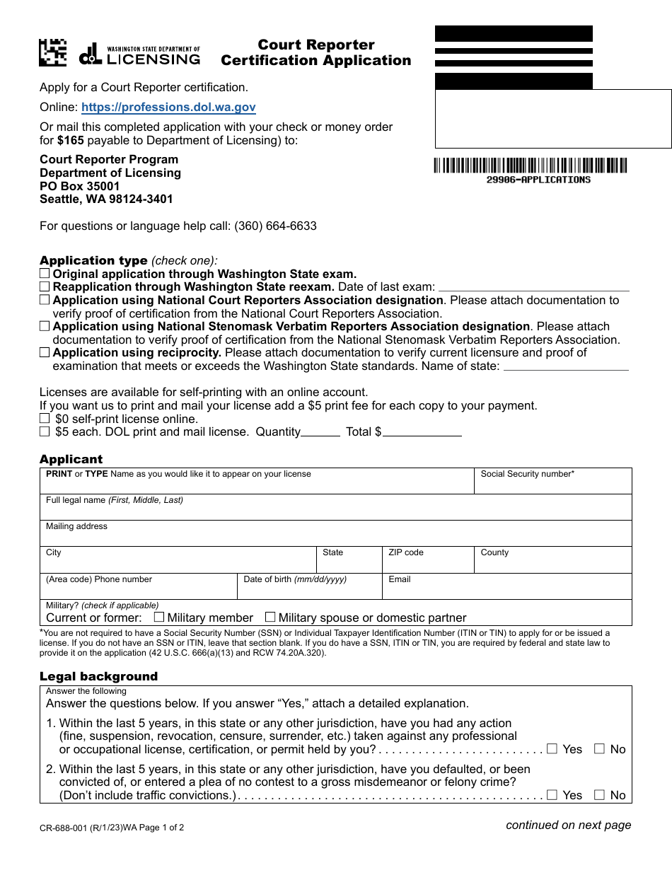 Form CR-688-001 Court Reporter Certification Application - Washington, Page 1