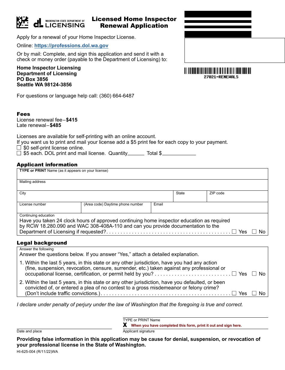 Form HI-625-004 Licensed Home Inspector Renewal Application - Washington, Page 1