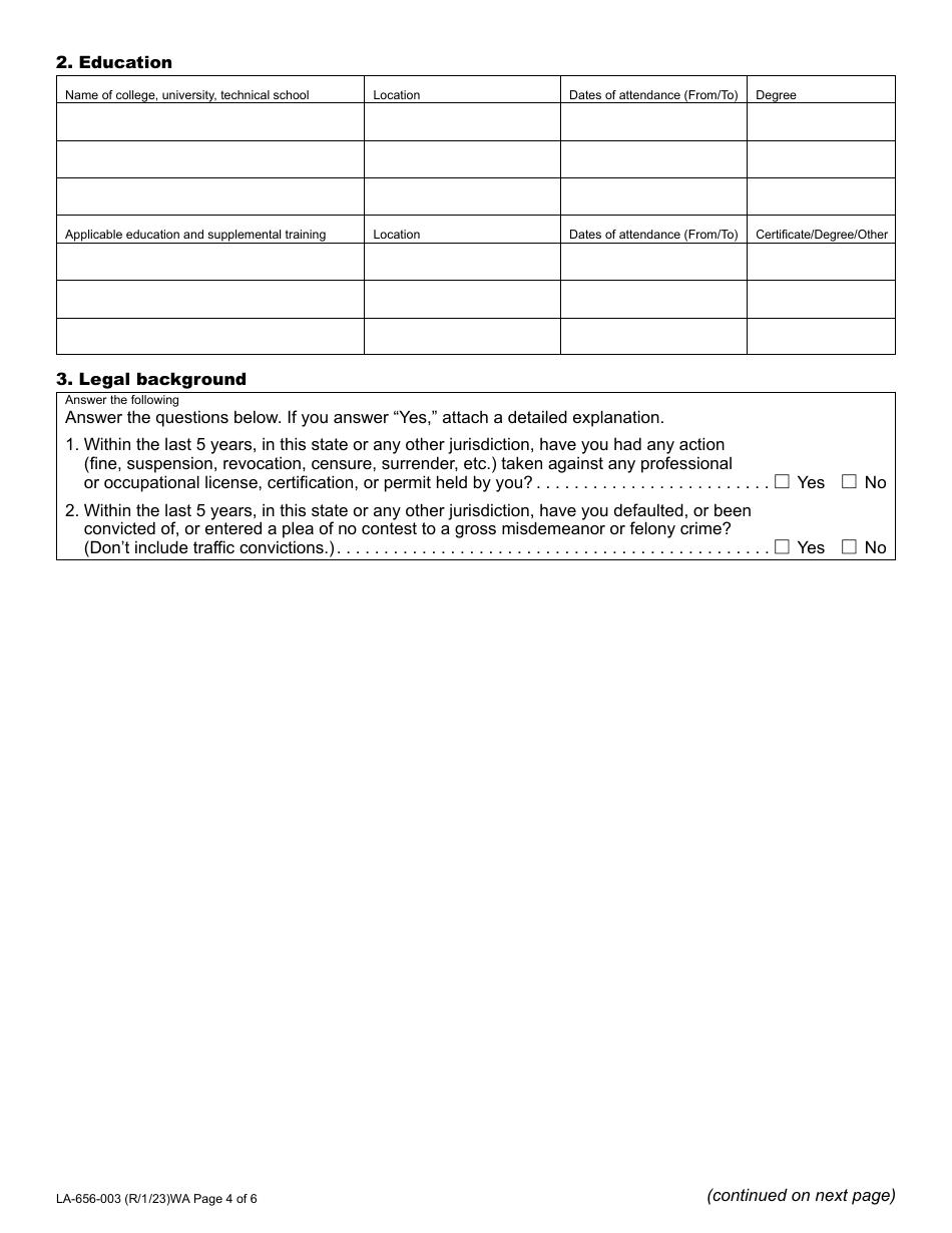 Form LA-656-003 Landscape Architect License Application - Washington, Page 4