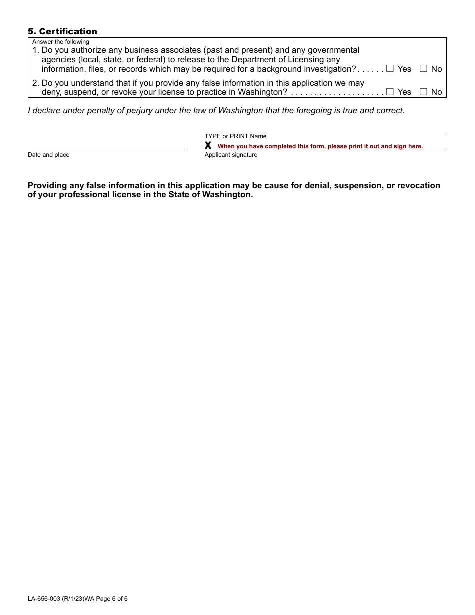 Form LA-656-003 Landscape Architect License Application - Washington, Page 6
