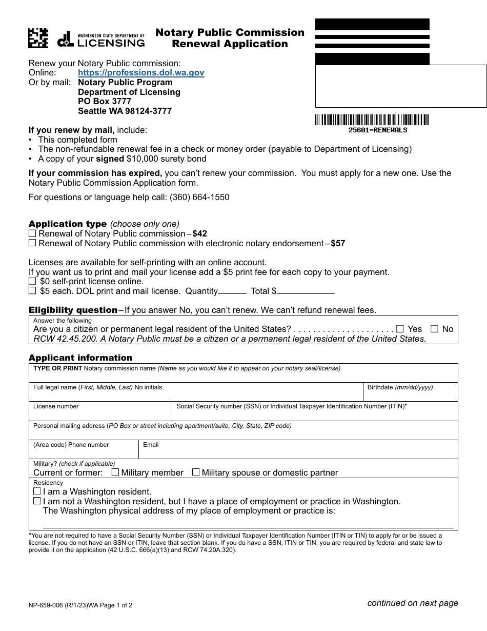 Form NP-659-006 Notary Public Commission Renewal Application - Washington, Page 1