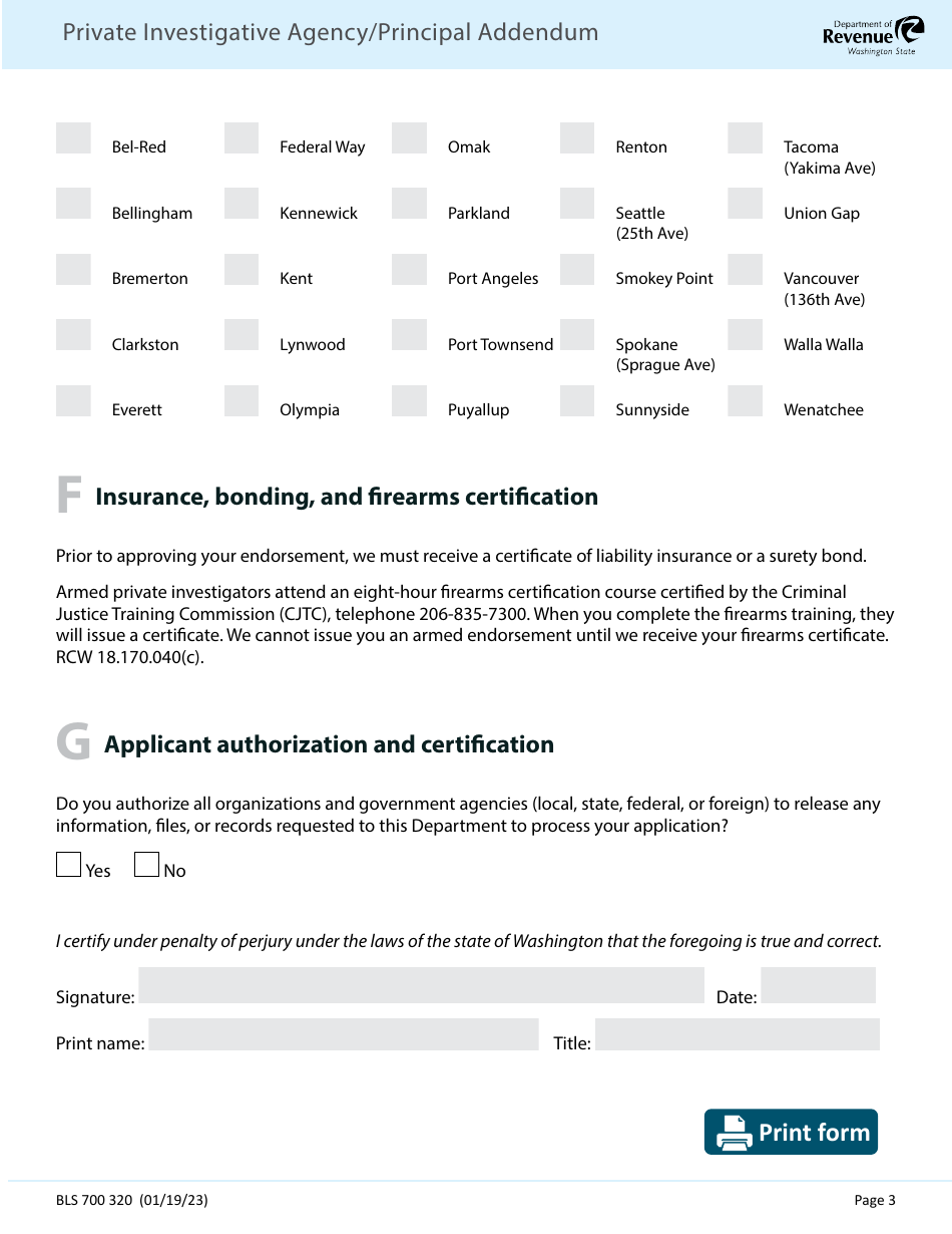 Form BLS700 320 Private Investigative Agency / Principal Addendum - Washington, Page 3