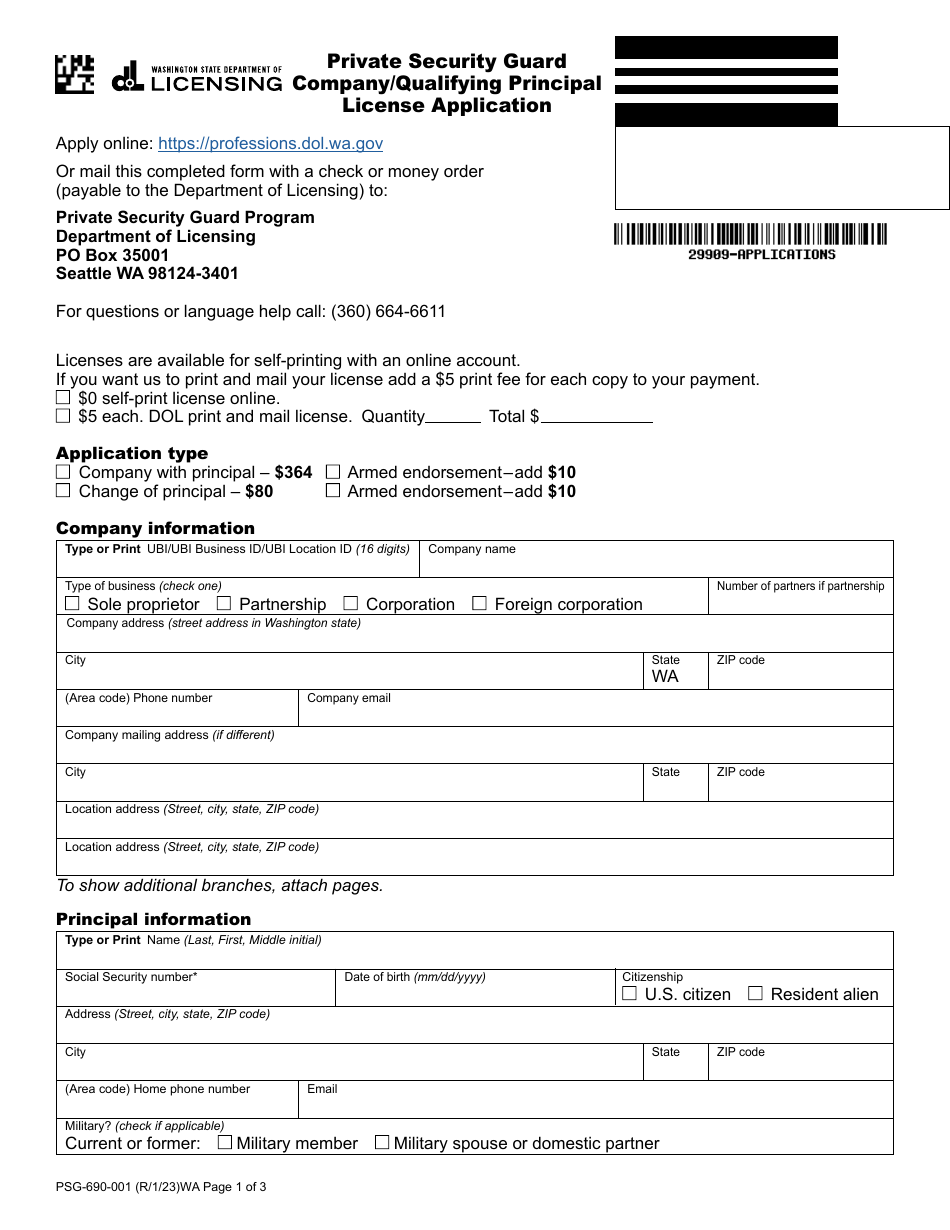 Form PSG-690-001 Private Security Guard Company / Qualifying Principal License Application - Washington, Page 1