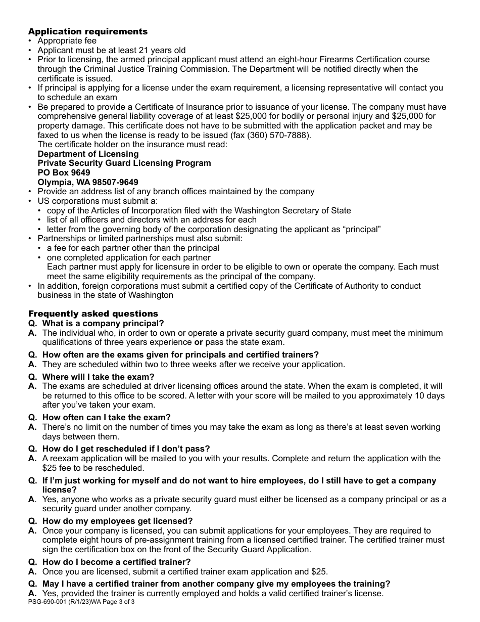 Form PSG-690-001 Private Security Guard Company / Qualifying Principal License Application - Washington, Page 3