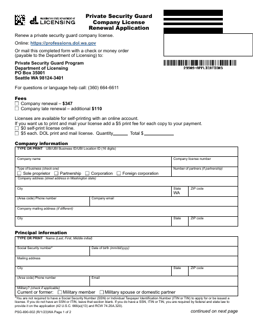 Form PSG-690-002 Private Security Guard Company License Renewal Application - Washington