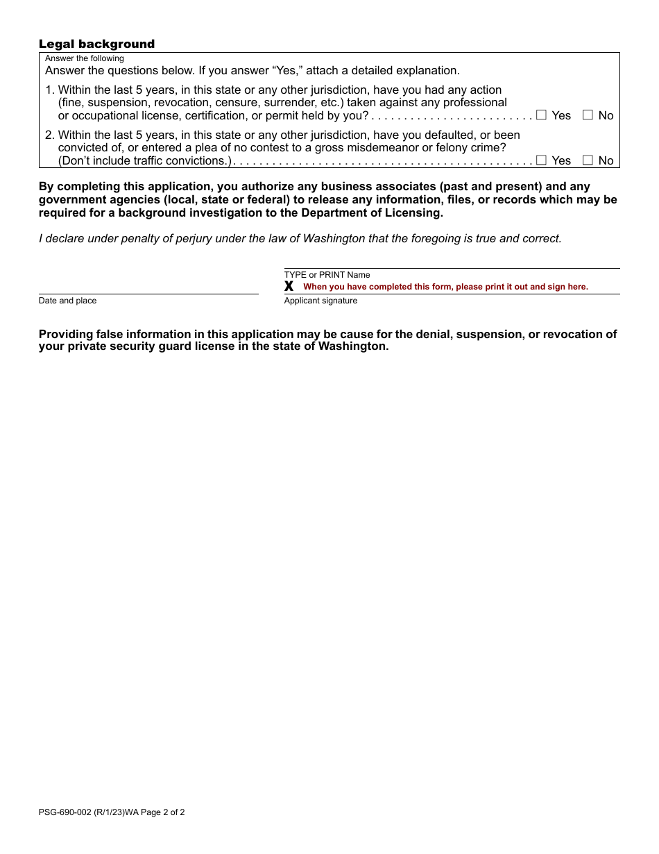 Form PSG-690-002 Private Security Guard Company License Renewal Application - Washington, Page 2